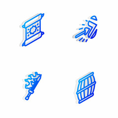 Set Isometric line Magic arrow, Decree, parchment, scroll, Sword for game and Gun powder barrel icon. Vector