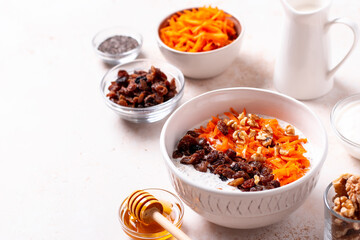 Carrot and raisins overnight oats with walnuts, high protein healthy breakfast