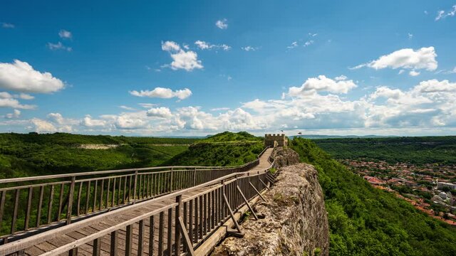Time lapse with moving clouds over the medieval fortress Ovech near Provadia, Bulgaria.