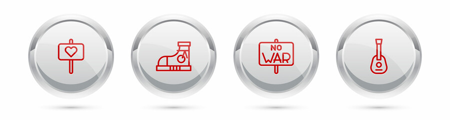 Set line Peace, Sneakers, No war and Guitar. Silver circle button. Vector