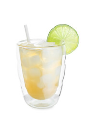 Glass of cold green tea with lime on white background
