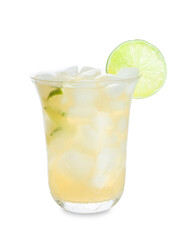 Glass of cold green tea with lime on white background