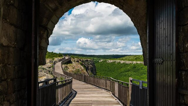 Time lapse with moving clouds over the medieval fortress Ovech near Provadia, Bulgaria.