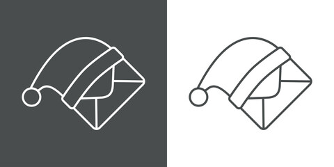 Tarjeta de felicitación de Navidad. Logotipo con sobre de correos con gorro de Papá Noel con lineas en fondo gris y fondo blanco © teracreonte