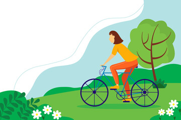 Woman riding a bicycle in the park. Summer landscape with trees and flowers. Vector illustration.