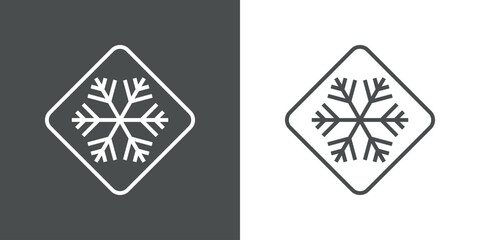 Logotipo silueta de copo de nieve en señal de tráfico con lineas en fondo gris y fondo blanco