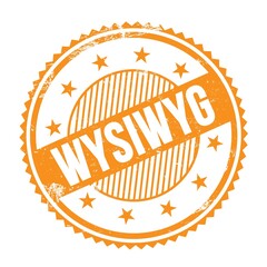 WYSIWYG text written on orange grungy round stamp.