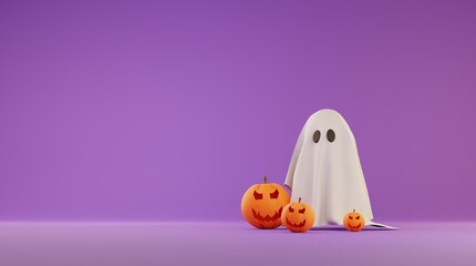 3D Illustration of a cute ghost and jack o lantern for halloween with a purple background and copy space