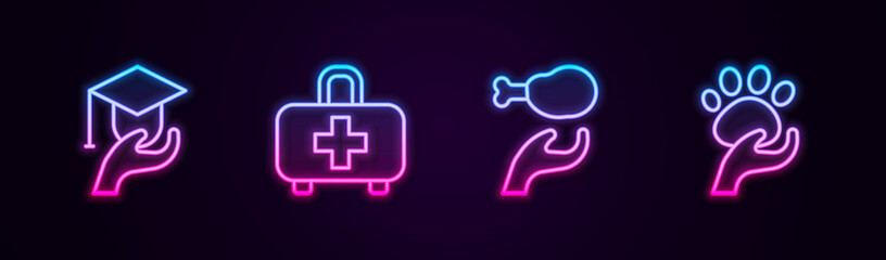 Obraz premium Set line Education grant, First aid kit, Donation food and Animal volunteer. Glowing neon icon. Vector