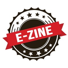 E-ZINE text on red brown ribbon stamp.