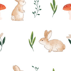 Seamless pattern with rabbit and leaves