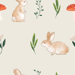 Seamless pattern with rabbit and leaves