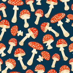 Amanita mushroom seamless pattern. Fly agaric repeated background in hand-drawn style. Vector illustration.