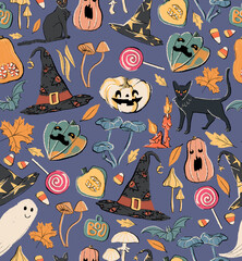 Halloween seamless pattern with ghost, mushroom, candle, candy, pumpkin and black cat, autumn leaves. Vintage style
