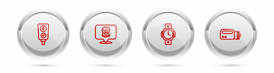 Set line Gauge scale, Scallop sea shell, Diving watch and Flashlight for diver. Silver circle button. Vector