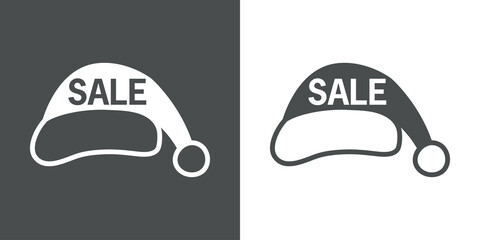 Fototapeta premium Regalos de Navidad. Logotipo con texto Sale en silueta de gorro de Papá Noel en fondo gris y fondo blanco