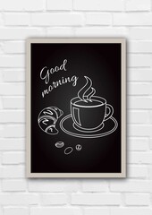Vertical poster with a cup of coffee, a croissant and  lettering Good morning.  Vector illustration.