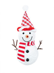 Snowman in red hat and scarf isolated on white background	
