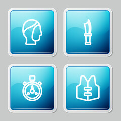 Set line Diving hood, knife, Stopwatch and Life jacket icon. Vector