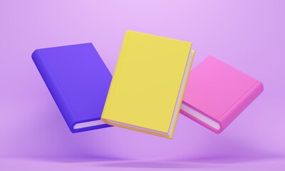 Mockup of bright colored flying books on a lilac background. Education concept. 3d rendering