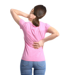 Young woman suffering from back pain, isolated on white