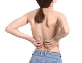 Young woman suffering from back pain, isolated on white