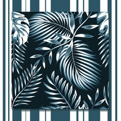blue palm leaves and fern tropical plant seamless pattern on dark background. fashionable texture. summer design. jungle print. exotic tropical wallpaper