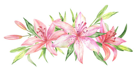 Watercolor bouquet with pink lilies