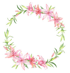Obraz na płótnie Canvas Watercolor wreath frame with pink lilies