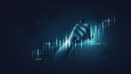 Business man holding financial pen chart and writing finance market investment stock of growth...