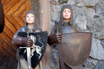 children medieval knight with sword - obrazy, fototapety, plakaty