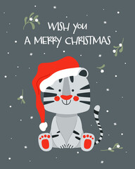 Wish you a Merry Christmas greeting card with cute white tiger, symbol 2022 year. Vector illustration in hand drawn scandinavian childish style