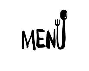 Menu word design concept with letter U transition from fork to spoon. Vector graphic hand-drawn symbol template for cafe, restaurant, cooking business. Isolated rough black sketch eps illustration