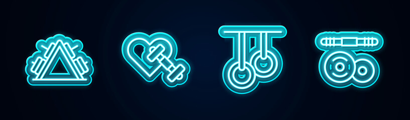 Set line Metal rack with weight, Dumbbell heart, Gymnastic rings and Barbell. Glowing neon icon. Vector