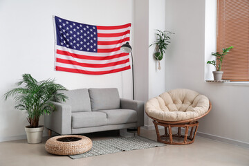 Interior of stylish living room with USA flag