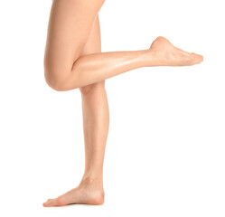Legs of beautiful woman on white background
