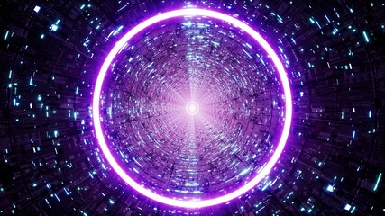 Purple Colored Circle Light in the Neon Data Flow Cyber Tunnel 3D Rendering