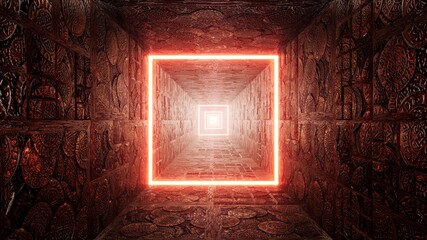 Square Shape Red Light in the Metallic Ancient Tunnel 3D Rendering