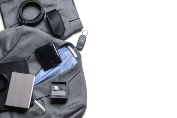 Male clothes and set of stylish accessories on white background