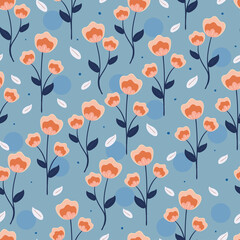 Seamless pattern with cute cartoon flowers and leaves for fabric print, textile, gift wrapping paper. colorful vector for textile, flat style