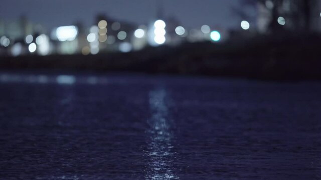 Panorama view of the city by the sea, the ebb and flow of the tide and the lights of flowing traffic.