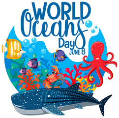 World Ocean Day banner with many different sea animals