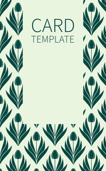 Poster, background with flowers and foliage of tulips. Ornament from silhouettes of spring flowers. Place for your text. Green color template for invitations and cards. Vector illustration