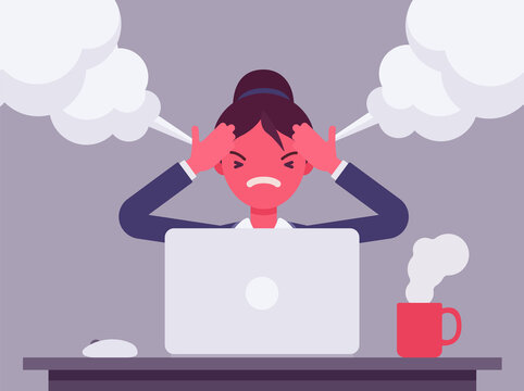 Businesswoman working with laptop steam coming out of ears, angry. Red faced office worker losing temper in annoyance, rage, displeasure with computer work, overworked employee. Vector illustration