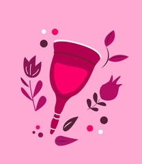 Reusable menstrual cup for menstruation period. Eco sanitary silicone female device for vaginal hygiene. Organic hygienic container. Colored flat vector illustration isolated on white background