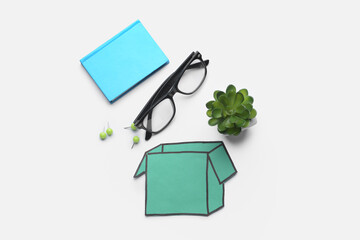 Drawn box with personal stuff on white background. Concept of dismissal