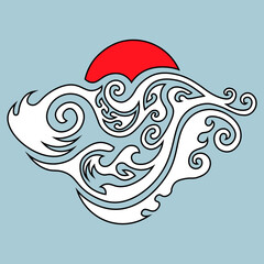 red sun and white curly waves in japanese style