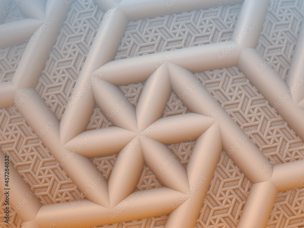 Poster 3d rendering of abstract hexagonal surface patterns with floral design