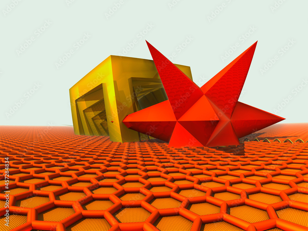 Poster 3d rendering of an abstract golden structure next to a red star on a hexagonal surface
