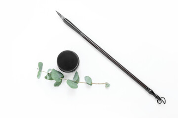 Calligraphic brush with ink and plant branch on white background